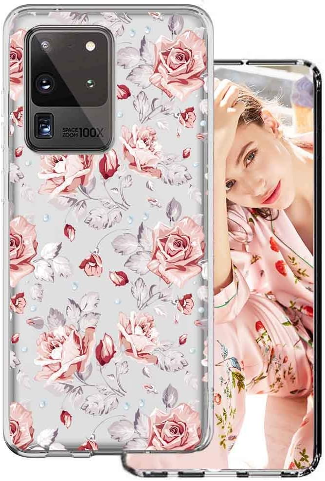 GDHONGT Galaxy S20 Ultra Case, Slim Flower Floral Pattern Design Thin Hybrid Hard Back Clear Soft Flexible Shockproof TPU Bumper Protective Case Compatible with Samsung Galaxy S20 Ultra 6.9" - Rose