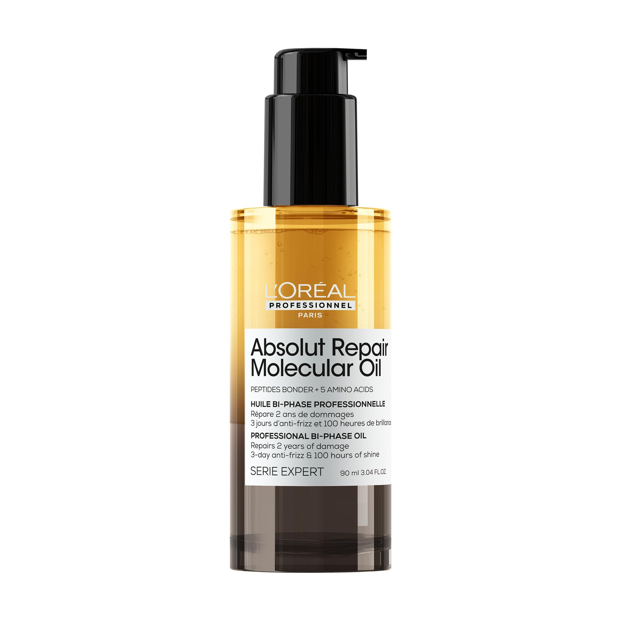 L'Oréal Professionnel Zwei-Phasen Haaröl, Repariert geschädigte Haartypen, Bis zu 100h Glanz, 3 Tage Frizz-Kontrolle, Hitzeschutz bis 230°C, Serie Expert, Absolut Repair Molecular Bi-Phase Oil, 90ml