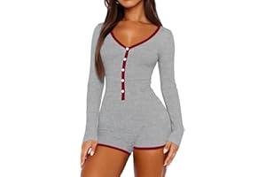 INFITTY Women's Sexy Rompers V Neck Long Sleeve Knitted One Piece Sexy Pajama Onesie Bodycon Rompers