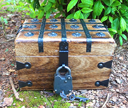 Well Pack Box Wooden Pirate Treasure Chest 8" x 6" x 5" Medium Authentic Includes Antique Strong Iron Lock With 2 Skeleton Keys Great For Parties, Halloween, Holidays and Birthdays