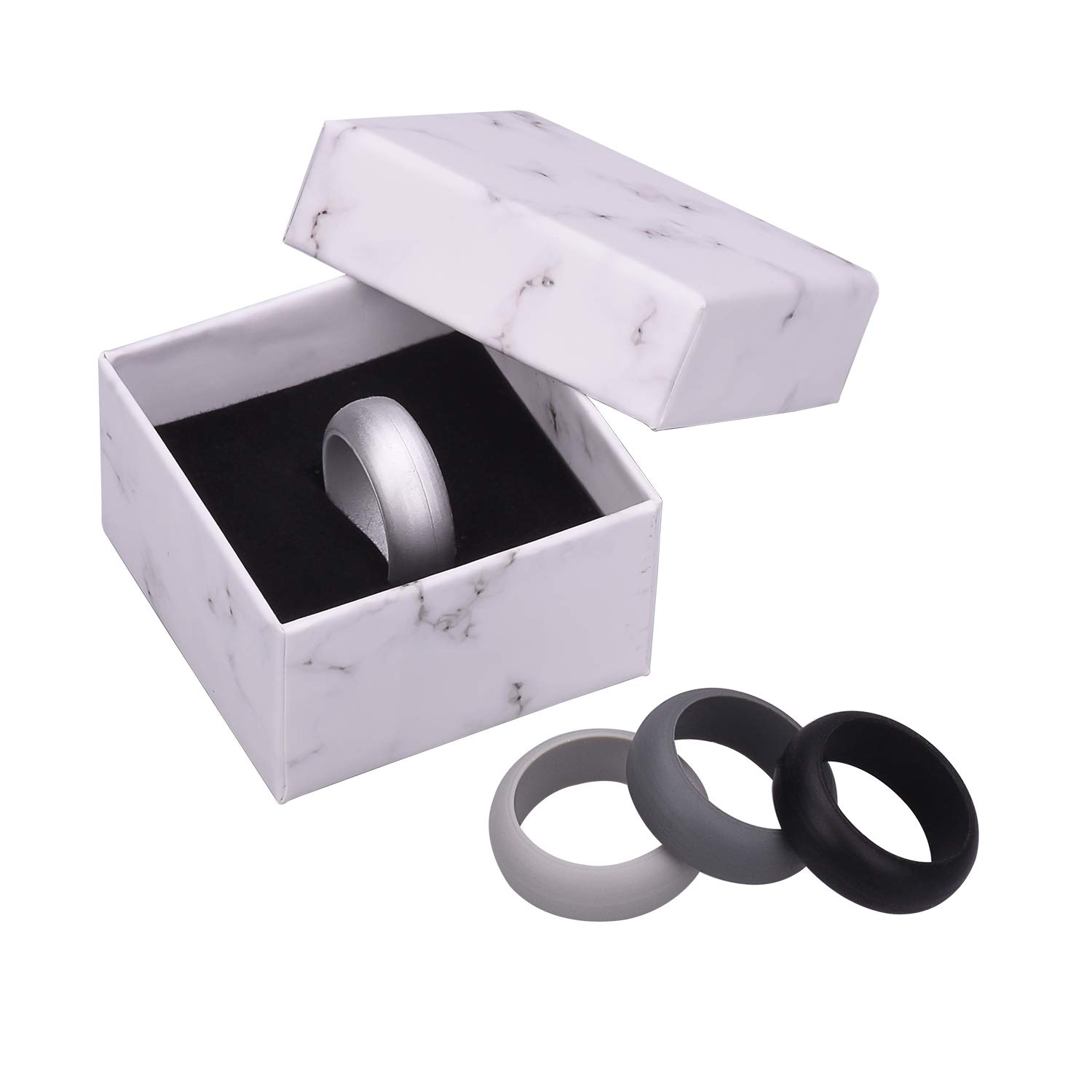 HouNa Silicone Wedding Ring Rubber Wedding Bands for Men & Women 4 Pack 9mm Wide Silver Black Grey Light Grey