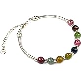 Jan&Dee Natural Stone Crystal Beads 925 Sterling Silver Adjustable Chain Bracelet for Women