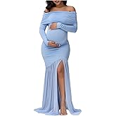 MakeMeChic Women's Off Shoulder Maternity Dress Long Sleeve Elegant Slim Gowns Photography Baby Shower Maxi Dress