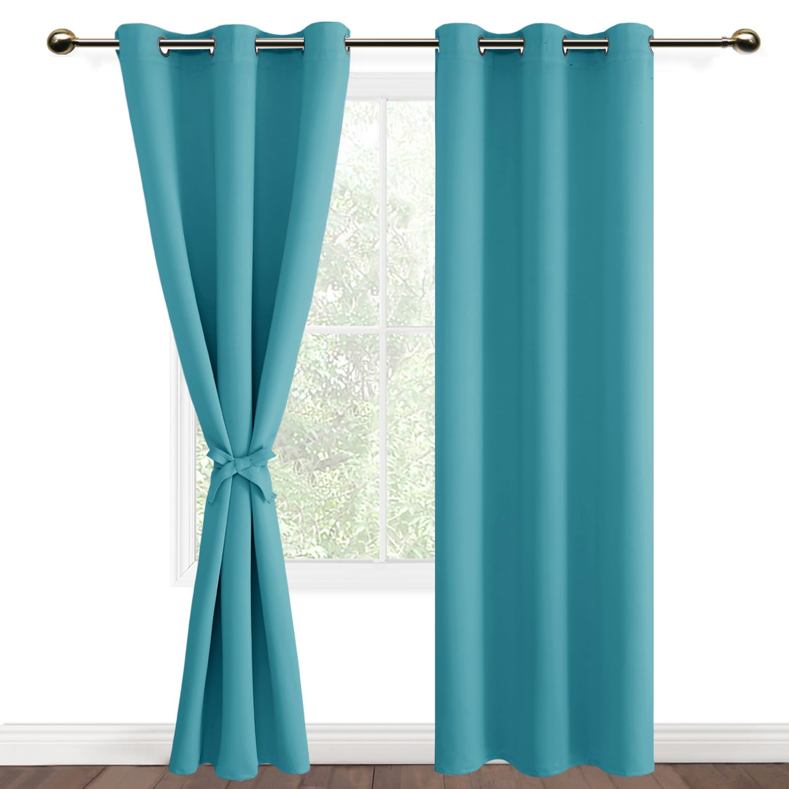 DWCN Turquoise Blackout Curtains with Tiebacks for Bedroom Thermal Insulated Solid Eyelet Curtains for Living Room,2 Panels,46" Wide x 90" Drop