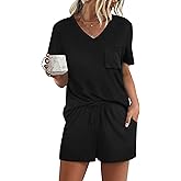 RUBZOOF Women's Short Sleeve Pajama Sets with Pockets Casual V Neck 2 Piece Lounge Sets S-3XL