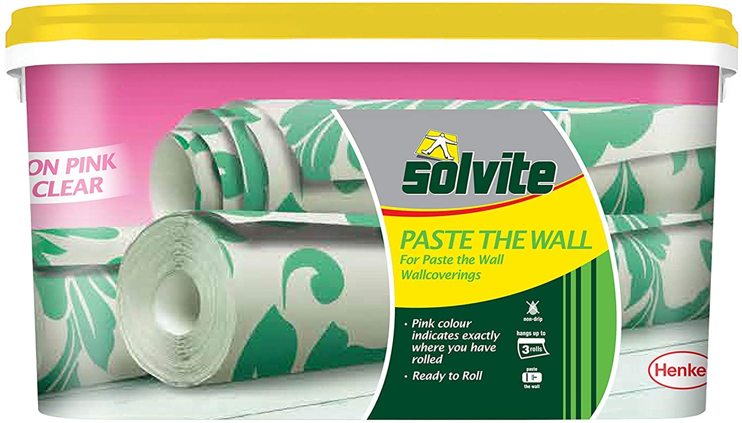 Solvite Paste the Wall, Ready to Roll, Wallcoverings Adhesive, Extra Strong, Non-drip Formula, Hangs up to 3 Rolls, Rolls on Pink, Dries Clear, Guaranteed No Staining, 2.5kg