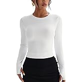 Excwudy Womens Long Sleeve Workout Crop Tops Crew Neck Ribbed Slim Fitted Running Yoga Going Out T-Shirts