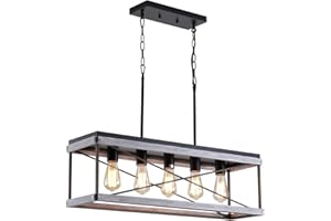 FIVESS LIGHTING Rustic Farmhouse Kitchen Island Light, Wood and Metal Linear Chandelier, 5-Light Pendant Lighting Fixture for Kitchen Island Dining Room, Antique Gold and Black