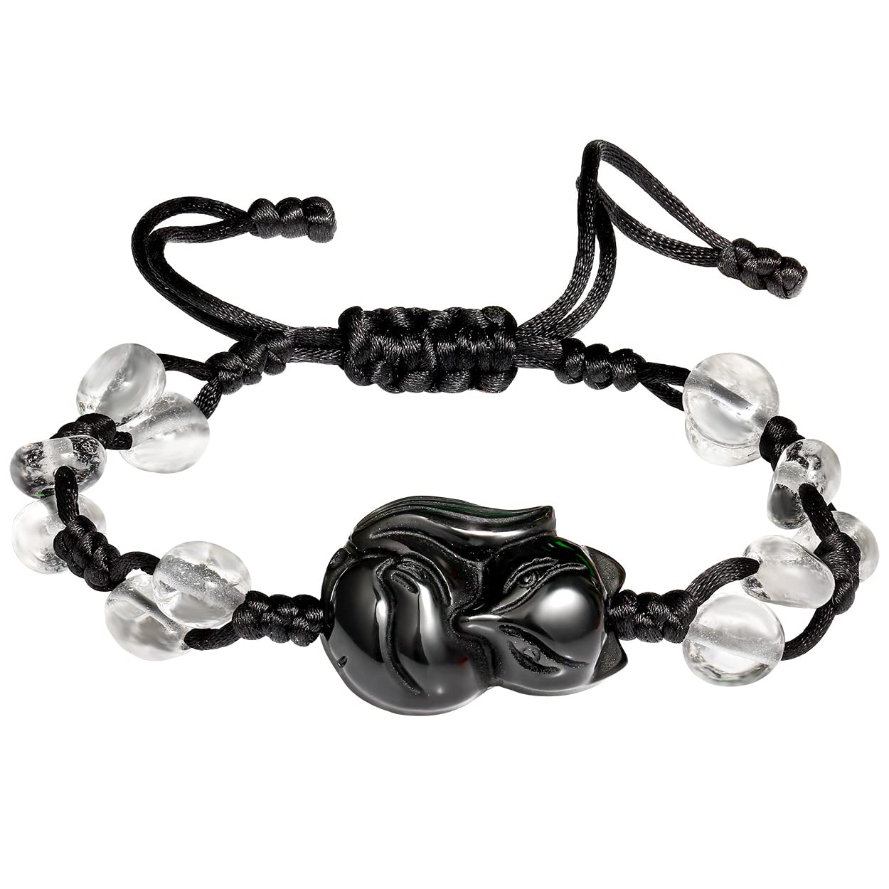 Wizock Black Obsidian Fox Bracelets for Women Reiki Tumbled Stones Beaded Bracelets Adjustable Handmade Balance Jewelry Good Luck Gifts (Clear Quartz)