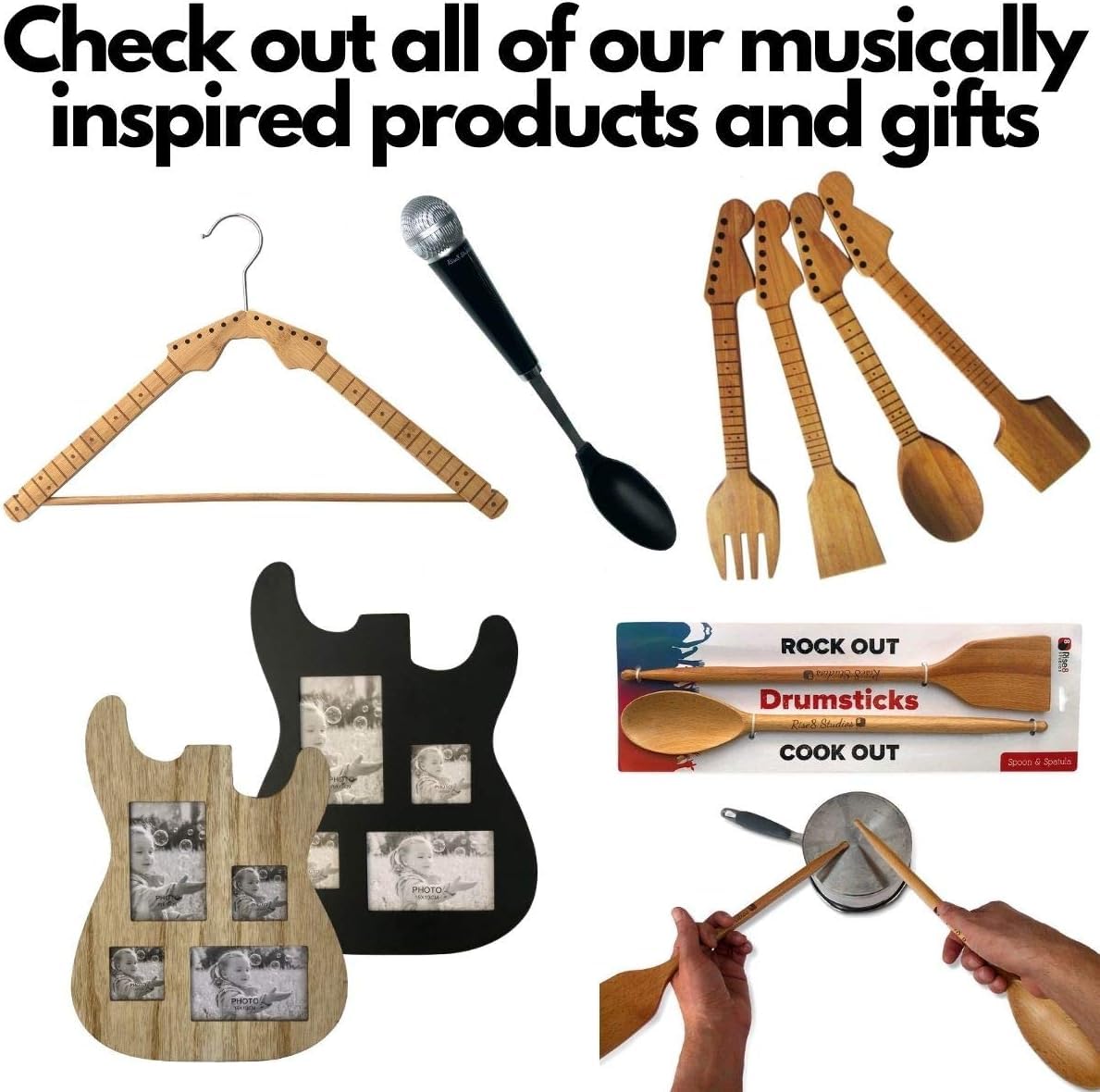 Rise8 Studios Guitar Bamboo Cooking Utensils Set (4-Piece) | Wooden Spoons and Spatulas | Fun Music Themed Kitchen Gadgets & Accessories | Unique Gift for Musicians, Guitar Players