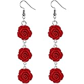 Red Rose Tassel Earrings Vintage Style Enamel Rose Dangle Earrings for Women Lightweight Earring Jewelry Gift