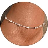 Ankle Bracelets for Women 14K Gold Plated Anklet Silver Anklets Waterproof Evil Eye Beaded Pearl Tennis Crystal Heart Cuba Link Chain Anklets Dainty Jewelry Gift for Her