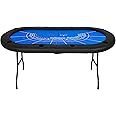 Vilobos Upgrade 8 Player Poker Table for Blackjack Card Game, Foldable Texas Hold'em Table, Portable Casino Table for Game Room with Plastic Cup Holder, Padded Rails, Blue Felt Surface