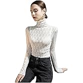 Women's Long Sleeve Bodycon Turtleneck Tees Top Lace Sexy See Through Sheer Mesh Eyelash Trim Shirts Elegant Blouse