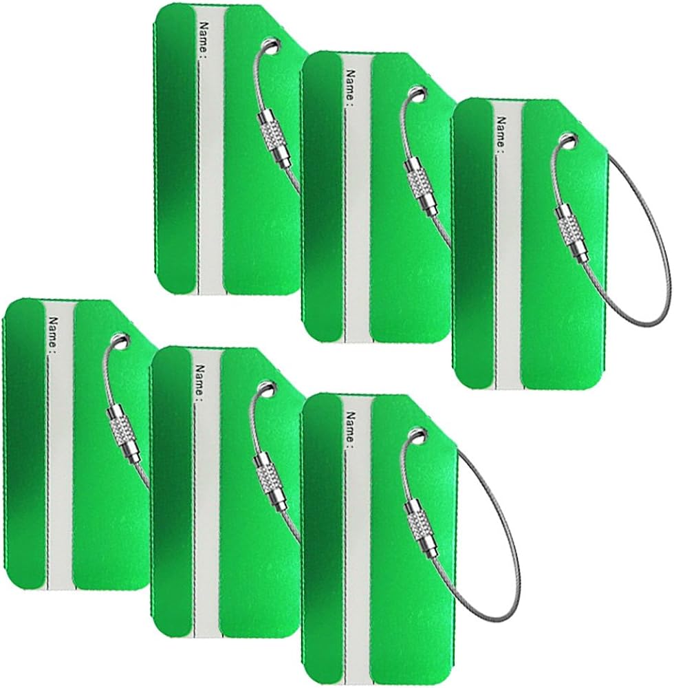 green luggage tags