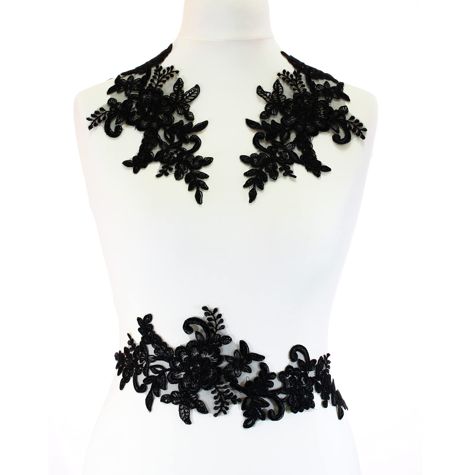 2 Pieces Extra Large Embroidered Bridal Lace Applique Trim Motif with Corded #41A (Black)