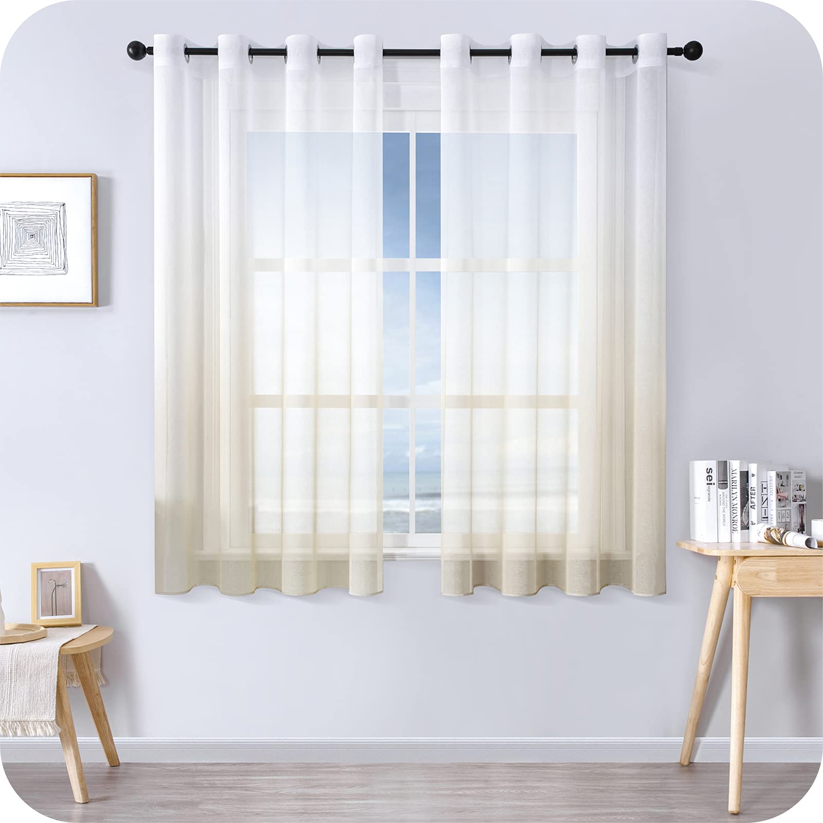 MRTREES Voile Curtains, Colour Gradient, Transparent Curtain, Short Tulle Curtain with Eyelets in Beige White Gradient, 145 x 140 cm (H x W), Modern for Children's Room, Living Room, Bedroom, Set of 2
