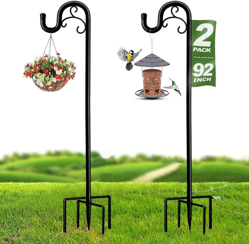 Outdoor Shepherd's Hooks - MELOHO Shepherds Hook for Bird Feeders for Outside, 92 Inch Adjustable Shepards Hooks for Outdoor (2pcs), Heavy Duty Humming Bird Stand Feeder Pole, Metal Garden Hooks Hanger for Outdoor Décor