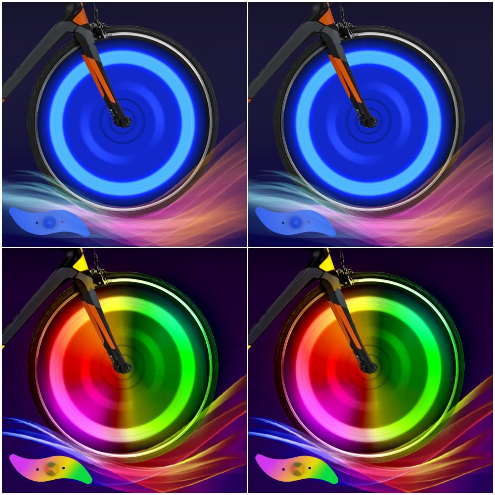 flintronic Bike Spoke Lights, 4Packs Tire Flash Lamp LED Neon Wheel Flashing Lights Cycle Lights, Waterproof 3 Blinking Modes, Bike Accessories for Adults and Kids (2Colorful+2Blue)