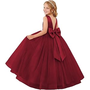 DRDQBP Satin Flower Girl Dresses Long Bow Graduation Little Princess Gown | Lace,Satin,Puffy Tulle,Bow Knot,Crew Neck,A Line,
