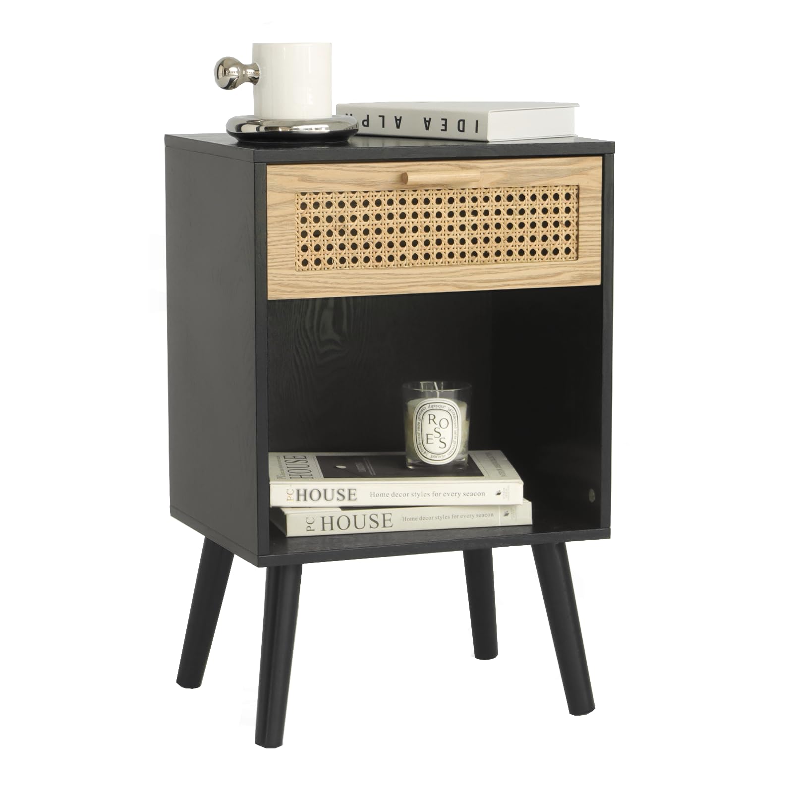 Photo 1 of MaxSmeo Mid Century Modern Nightstand, Rattan Side Table with Drawer for Bedside, Living Room, Bedroom and Small Spaces, Black