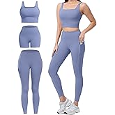 SALSPOR 3 Piece Workout Sets for Women High Waisted Leggings with Pockets Tummy Control Biker Shorts Yoga Sports Bra