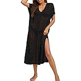 shermie Women Loose V Neck Side Slit Swimsuit Cover Up Mesh Knit Crochet Long Beach Dress