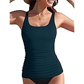 Women's Tankini Top Swimwear Top Only Tummy Control Bathing Suit Top Modest Swim Tank Tops with Built in Bra No Bottom Sporty Full Coverage Swimsuits Dark Teal