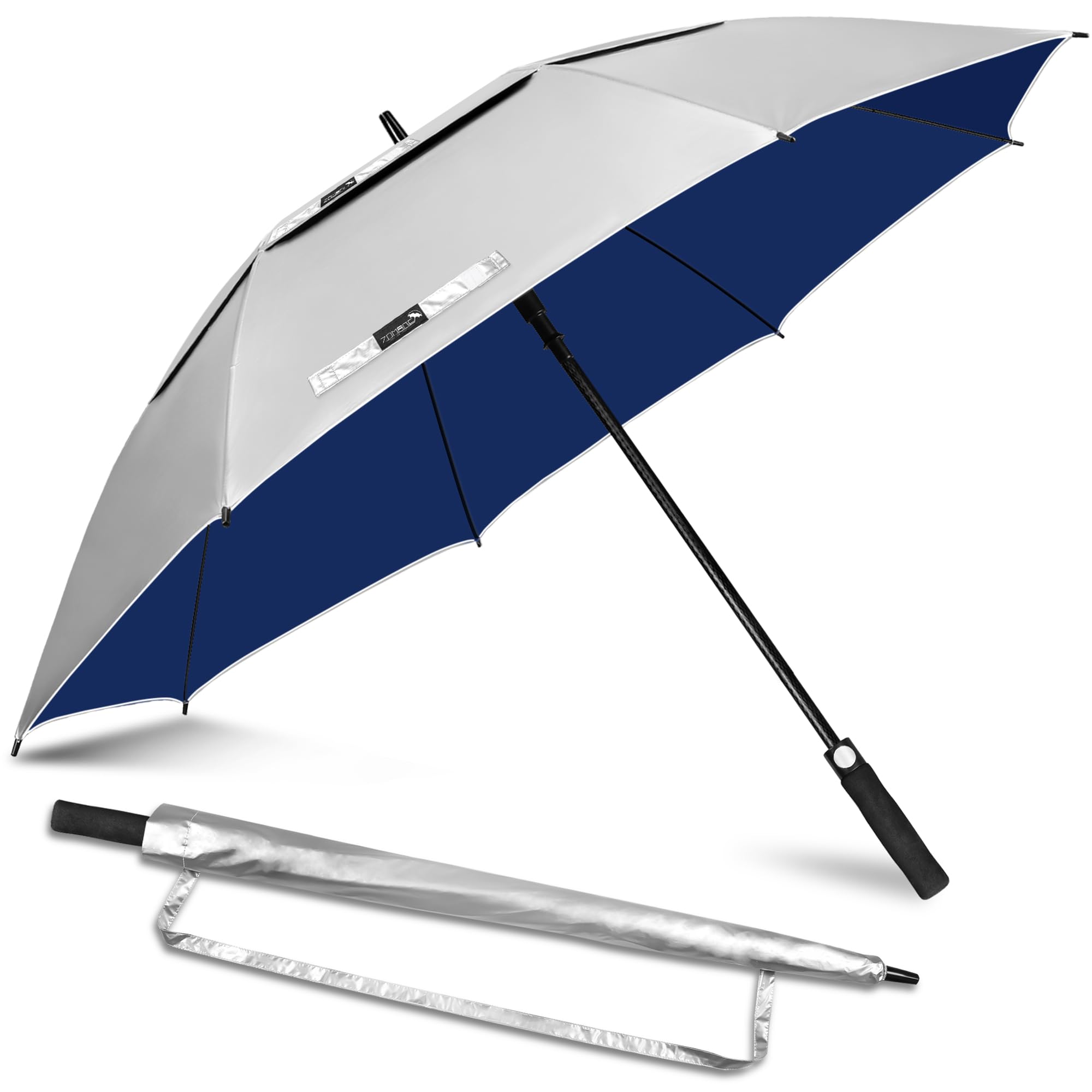 ZOMAKE UV Golf Umbrella for Sun Protection,Large Sun Umbrella Windproof and Rainproof Strong UPF 50+,Reflective Golfing Brolly 50In Unbreakable for Men Women (Silver/Navy Blue)