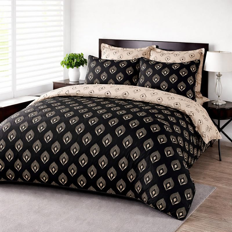 DTEX HOMES Single100% Pure Cotton 4 Piece Bedding Set Reversible Printed Duvet Cover, Fitted Sheet and Pillow cases - Ultra Soft Duvet Cover Set (Lantern Black)