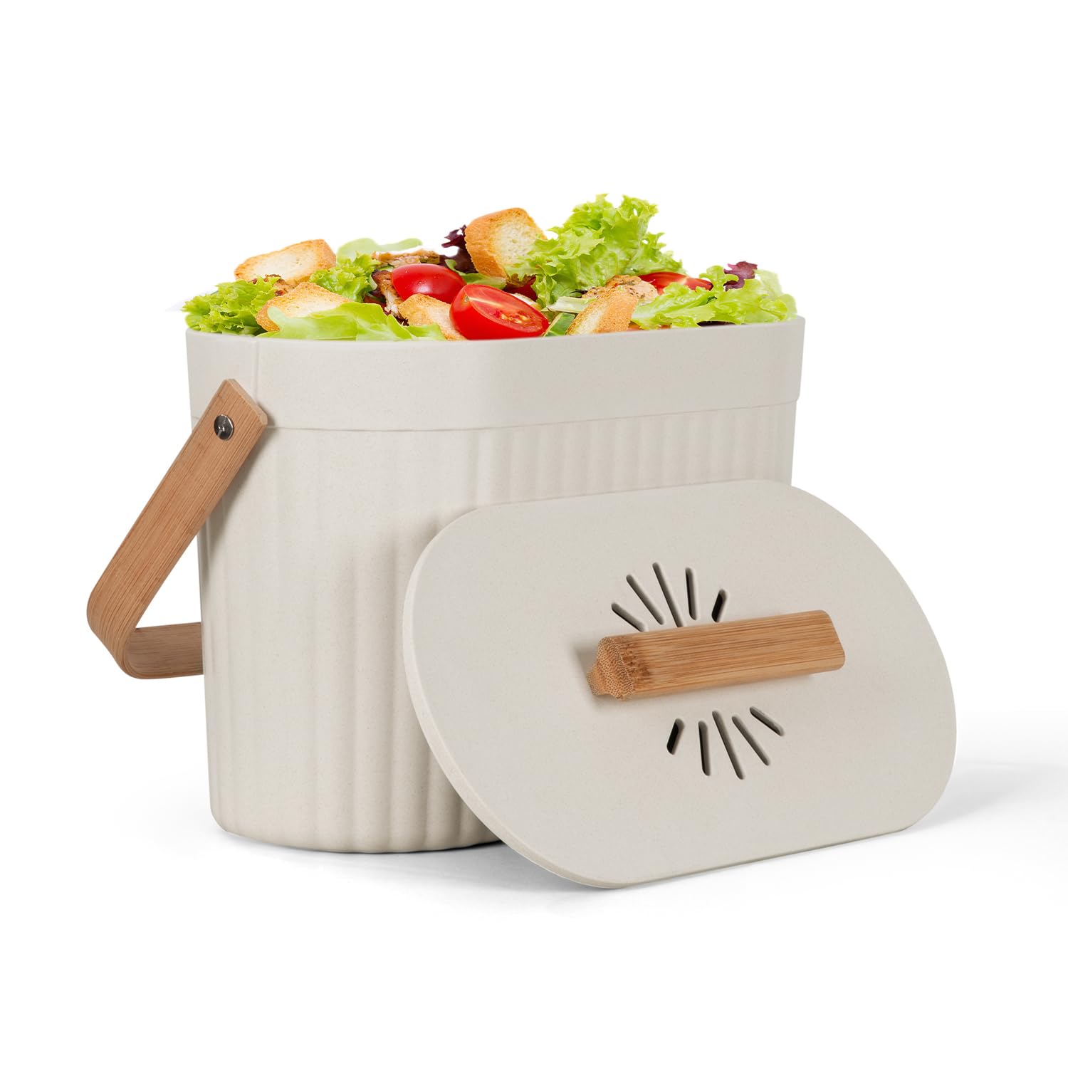 Photo 1 of Odorless Counter Top Compost Bucket with Lid - Yatmung Small Kitchen Compost Bin Countertop - Narrow Sustainable Bamboo Composting Pail - Indoor Composter - Slim Food Waste Bin for Kitchen - Cream -