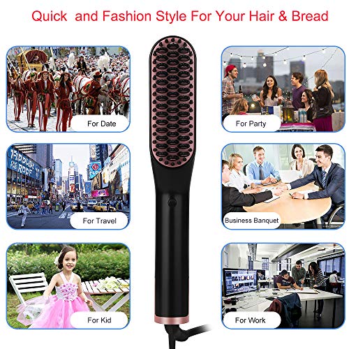 Hair Straightening Brush, Beard Straightener Brush, VEGKEY 3-in-1 Ionic Straightening Comb with Anti-Scald Feature Heat Resistant Glove Adjustable Temperatures, Ceramic Hair Comb for Men Women