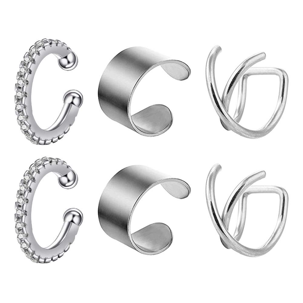 Stainless Steel Ear Cuff for Women Girls Fake Nose Rings Ear Piercing Stud Jewellery Helix Tragus Earrings 6PCS - Silver