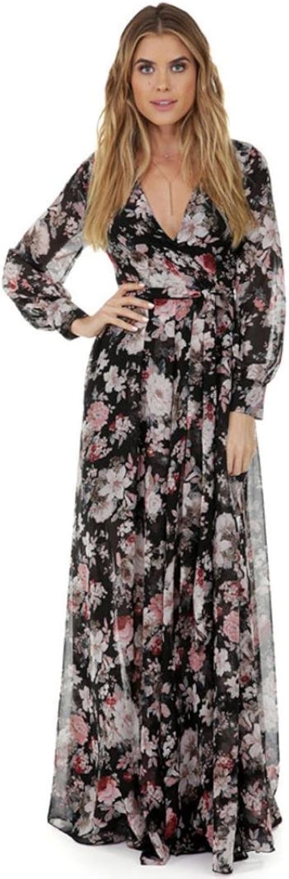 Moginp Fall Winter Dress Women Chiffon Floral Long Maxi Dress Long