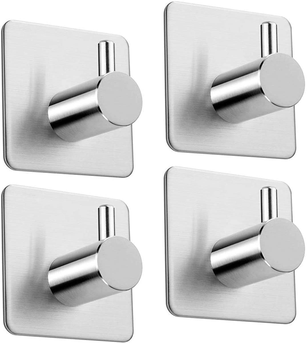 Koksi No Drill Hooks Stainless Steel Self-Adhesive Hanger, Use in Kitchens, Bathrooms, Hallways for Coats, Towels, Hats, Robes (4 Single Hooks)