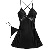 Vicarly Sexy V Neck Crossover Backless Slit Side Floral Lace Babydoll Lingerie Dress Set with Thong 2 Piece