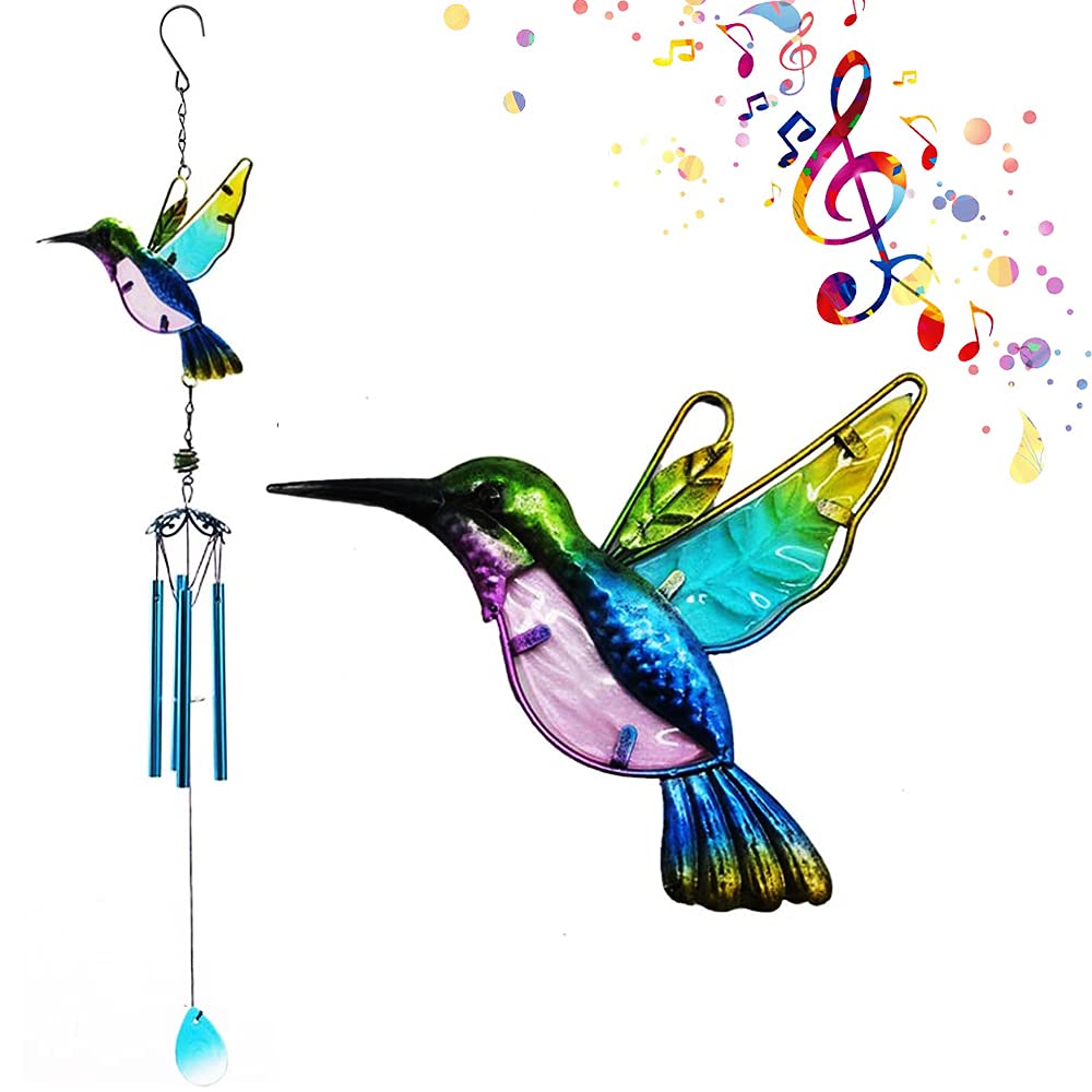 GRINY Blue Hummingbird Wind Chimes for Outdoor Indoor Fairy Chimes Metal & Stained Glass Suncatchers for Home Garden Windows Yard Patio Decor, Memorial Gifts for Mom Grandma Thanksgiving