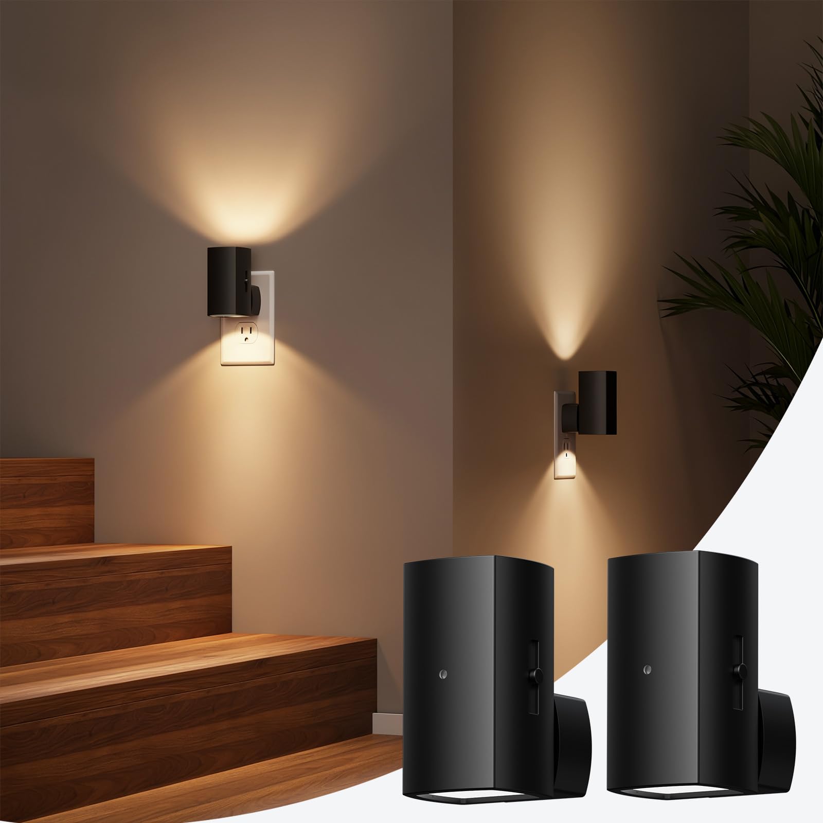 Brightown 2 Pack Night Lights Plug into Wall, Modern Night Light with Rotating Plug, Dusk to Dawn Sensor, 0-100LM Stepless Dimming Aora Night Light for Hallway Bedroom Bathroom, Soft White