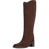 Modatope Brown Suede Knee High Boots for Women Pointed Toe Chunky Block Heel Tall Boots Side Zipper Low Heel Long Boot Size 8.5