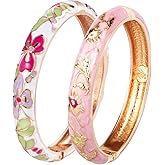 UJOY Classic Cloisonne Bracelets Enamel Jewelry Plated Bamboo Flower Cuff Metal Bangle for Women Gift Box