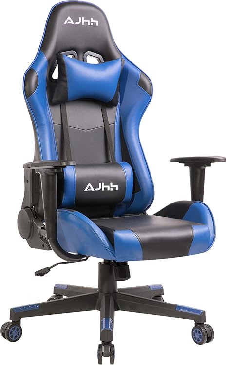 Amazon Co Jp Ajhh ゲーミングチェア ゲーム用チェア オフィスチェア リクライニング 固定式肘掛け ネックピロー ランバーサポート Puレザー 耐荷重100kg ブルー Hh 5802baa ホーム キッチン