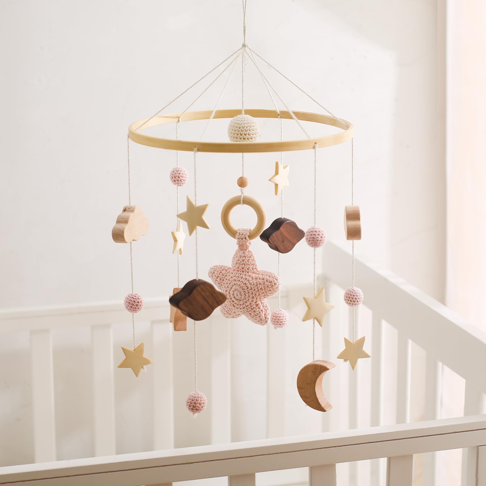 Photo 1 of Baby Crib Mobile for Boys Girls| Boho Nursery Mobile| Gender Neutral Hand-Crocheted Mobile| Ceiling Mobile - Stars, Clouds, Moon (Pink)