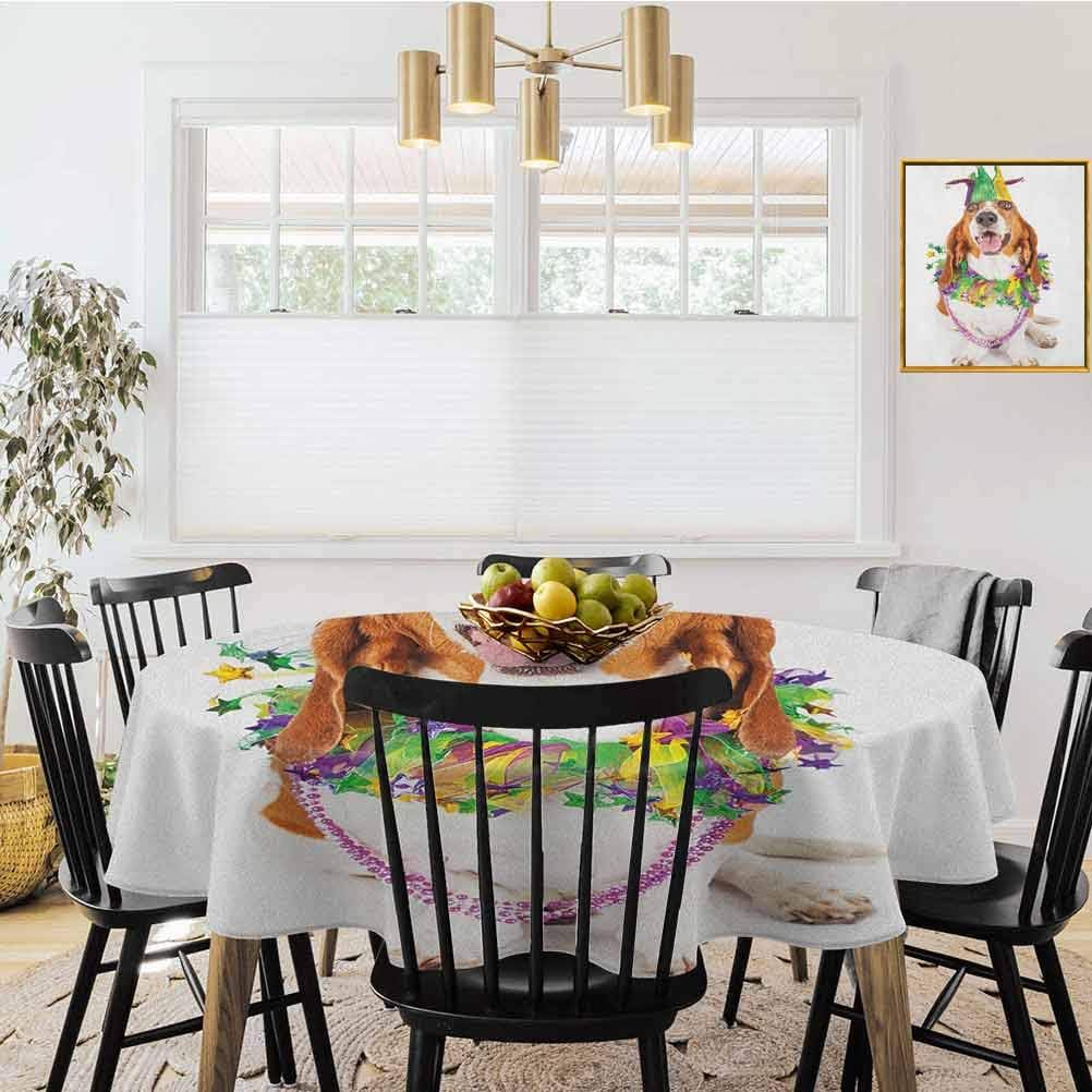 shirlyhome Mardi Gras Outdoor Table Cloth Waterproof Happy Smiling Basset Hound Dog Wearing a Jester Hat Neck Garland Bead Necklace Round Table Cloth for Birthday Party Multicolor (Diameter 54")