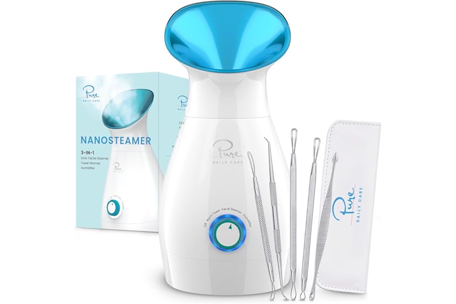 Pure Daily Care NanoSteamer Large 3-in-1 Nano Ionic Facial Steamer with Precise Temp Control – Humidifier – Unclogs Pores – Blackheads – Spa Quality – Bonus 5 Piece Stainless Steel Skin Kit (Teal)
