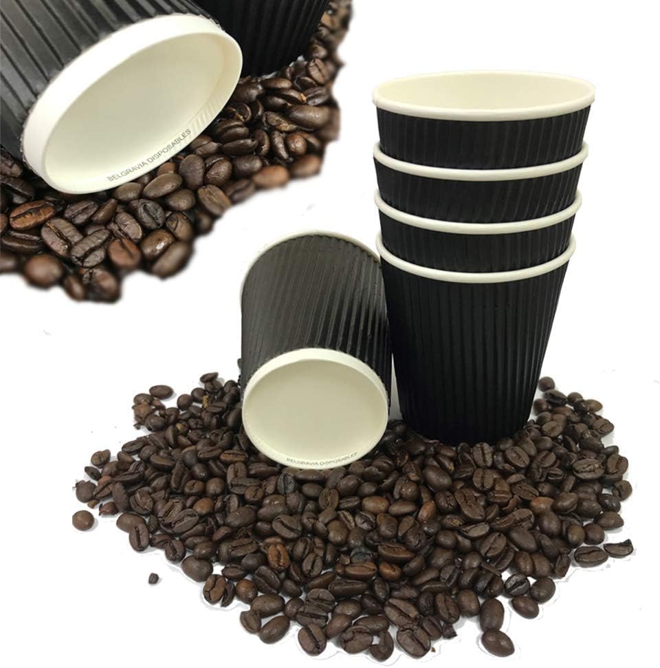 We Can Source It Ltd - 50 x Black 8oz Ripple Paper Cups + White LIDS, 3 Ply Insulated For Tea Coffee Cappuccino Hot Drinks
