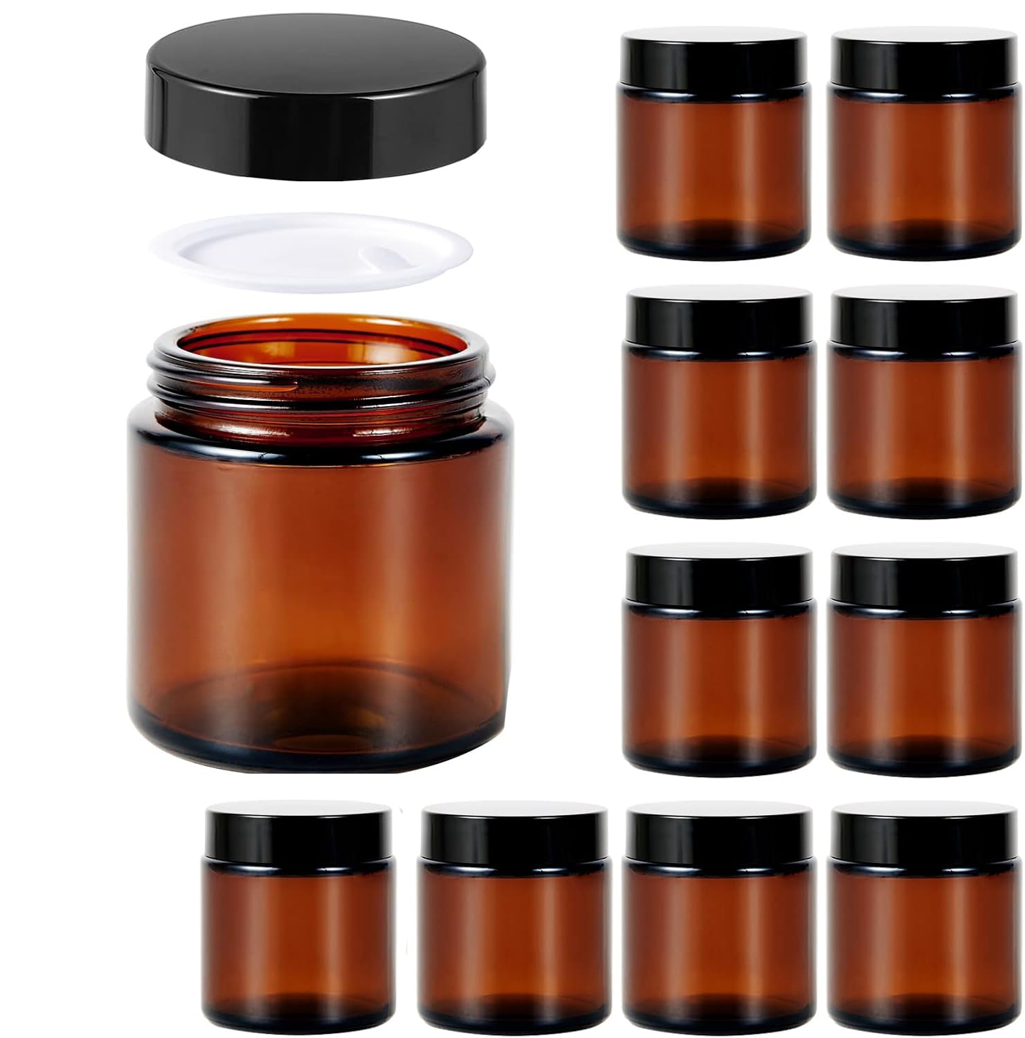 100ml Amber Glass Jars, 10 Pack Empty Cosmetic Jar with Lids and Inner Liners, Refillable Cream Container Jars for Lotions, Essential Oils, Powder