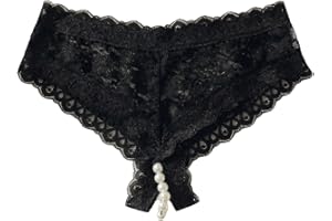 OYOANGLE Women's Floral Lace Pearl Cut Out Low Rise Sheer Panty Stretchy Crotchless Thong Panties Underwear