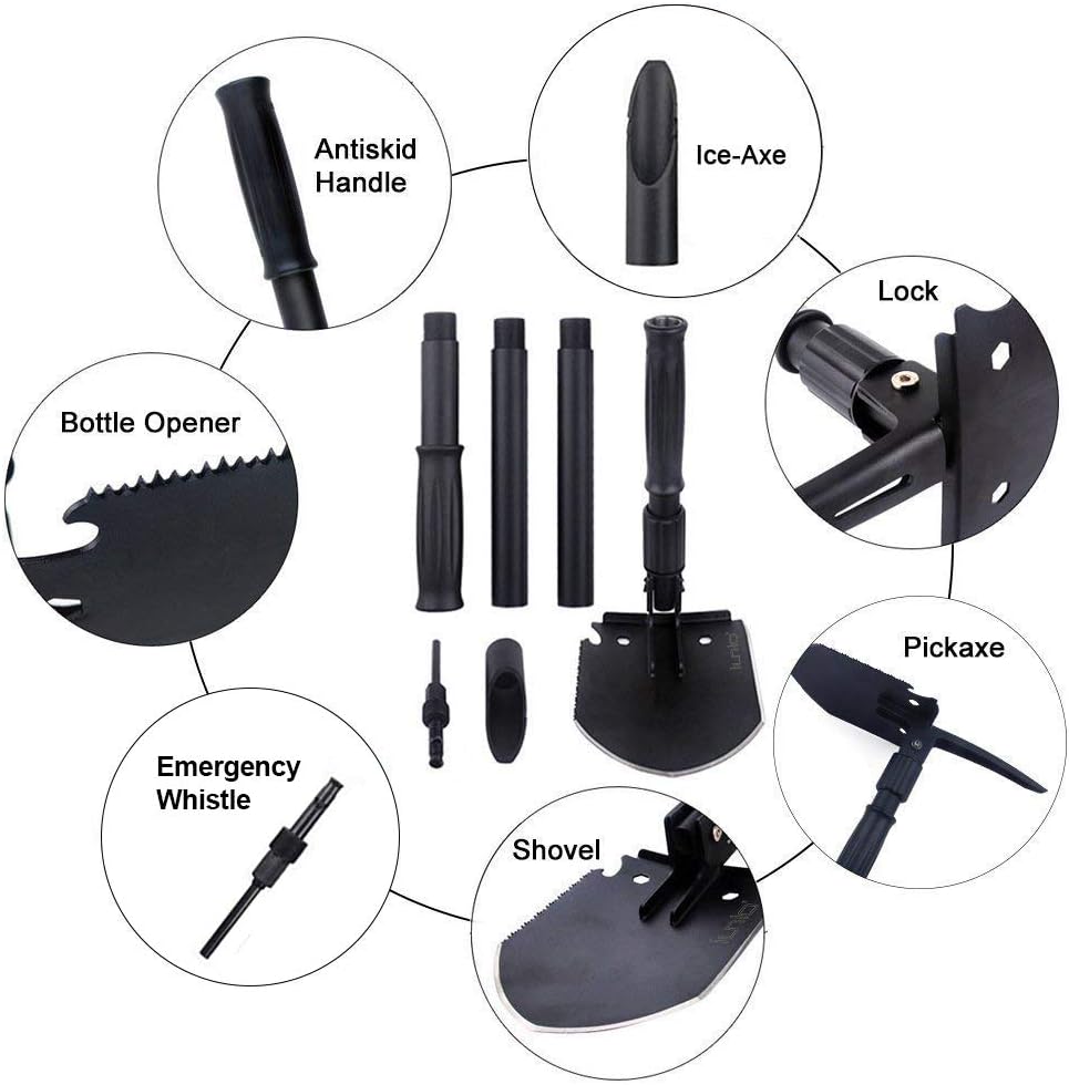 iunio Folding Shovel, Portable, Camping Multitool, Foldable Entrenching Tool, Collapsible Spade, for Backpacking, Trenching, Hiking, Survival, Car Emergency (Standard E-Tool) : Garden & Outdoor