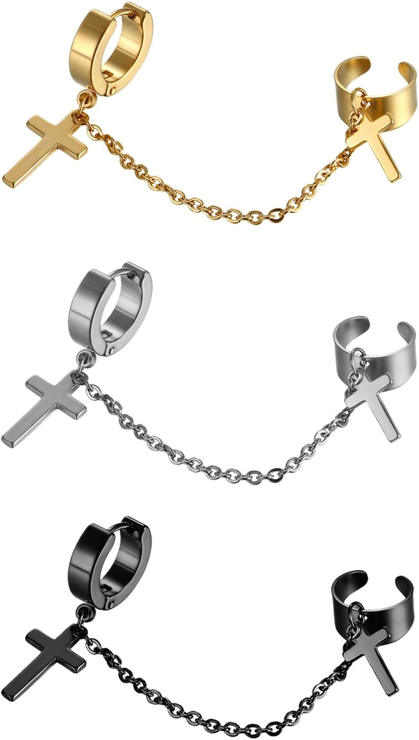 Cupimatch3 Pairs Stud Earrings with Cross Dangle for Men Women Stainless Steel Double Cross Tassel Ear Pierced Earrings Set