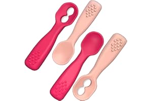 SPERRIC Silicone Baby Spoon Set | Baby Spoons Self Feeding 6 Months | BPA Free Baby Led Weaning Spoons Stage 1 & 2 for Kids 6+ Months | Silicone Baby Feeding Spoon Set - 4 Spoons, Dark/Light Pink